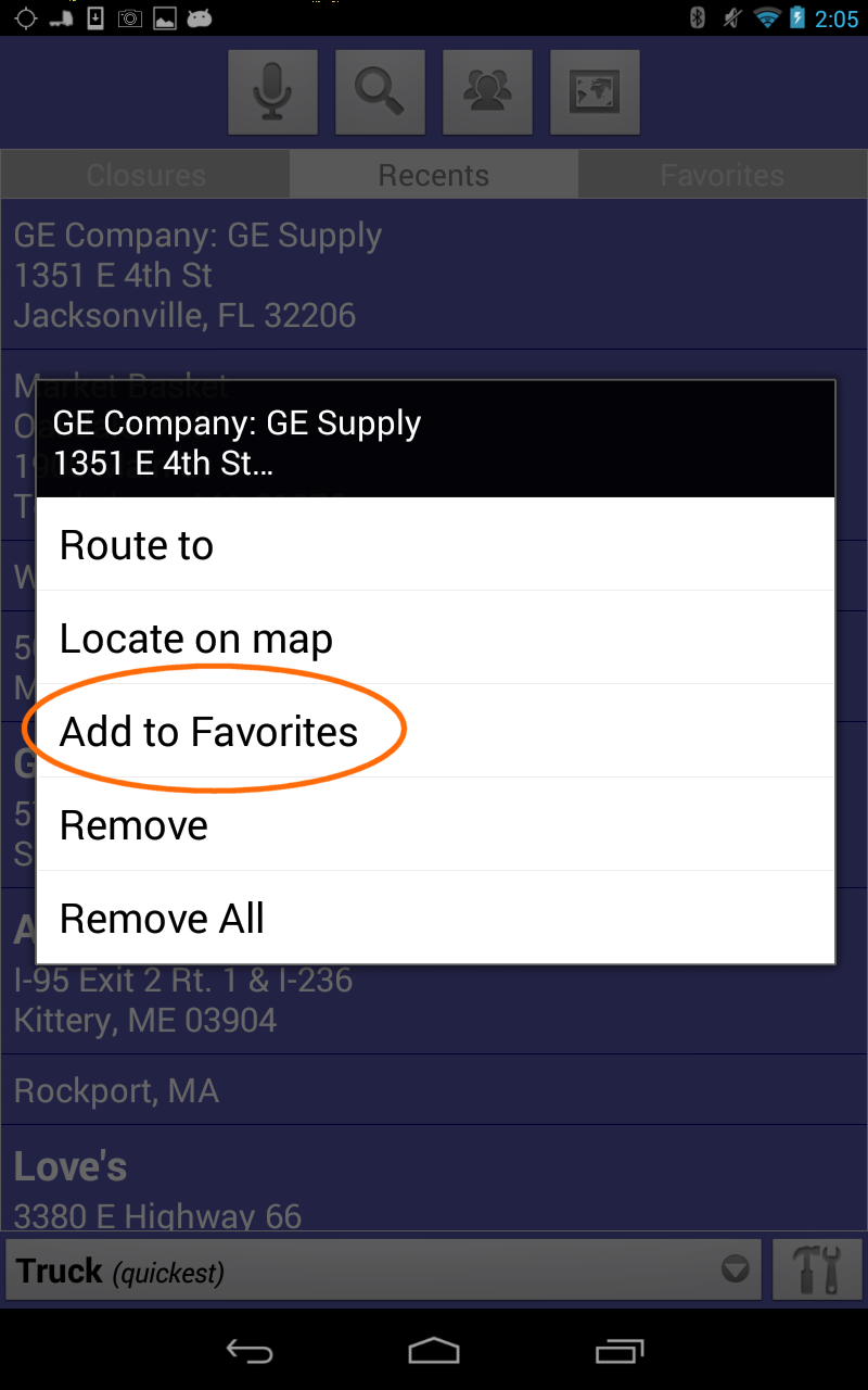 SmartTruckRoute Save Favorites